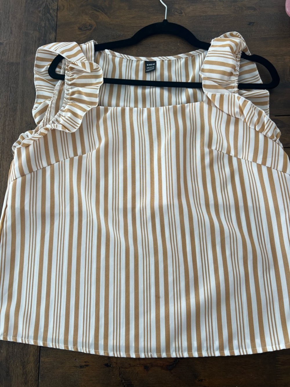 SHEIN White and Tan Striped Ruffle Strap Camisole